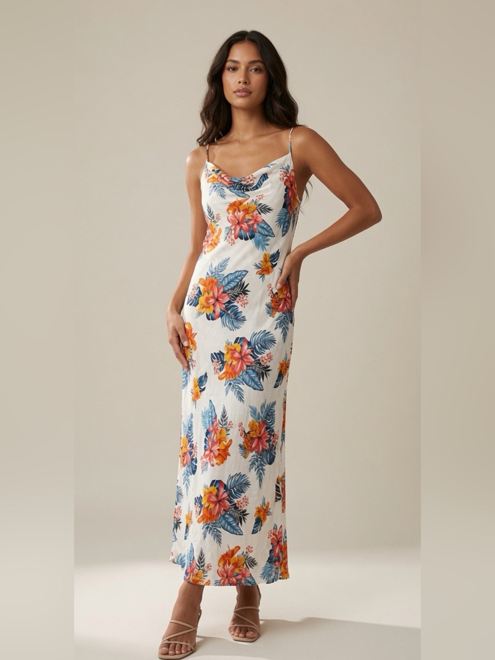 Emory Park Tropical Floral Cowl Neck Slip Maxi Dress White Blue Orange Size S